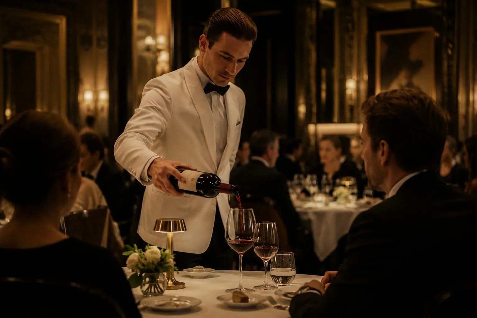 Serveur en tenue de restaurant étoilé servant un vin à table
